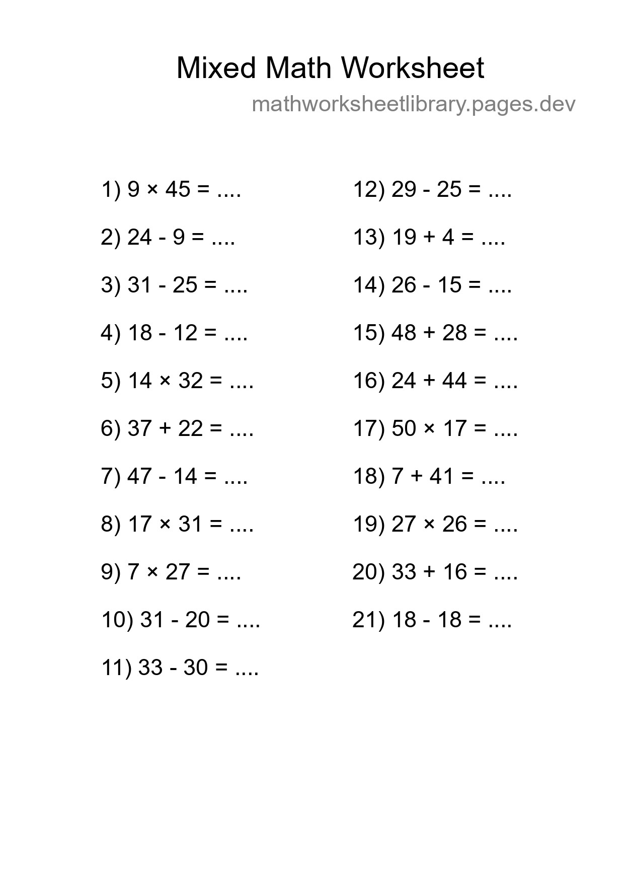 Mixed Operations Math Worksheet