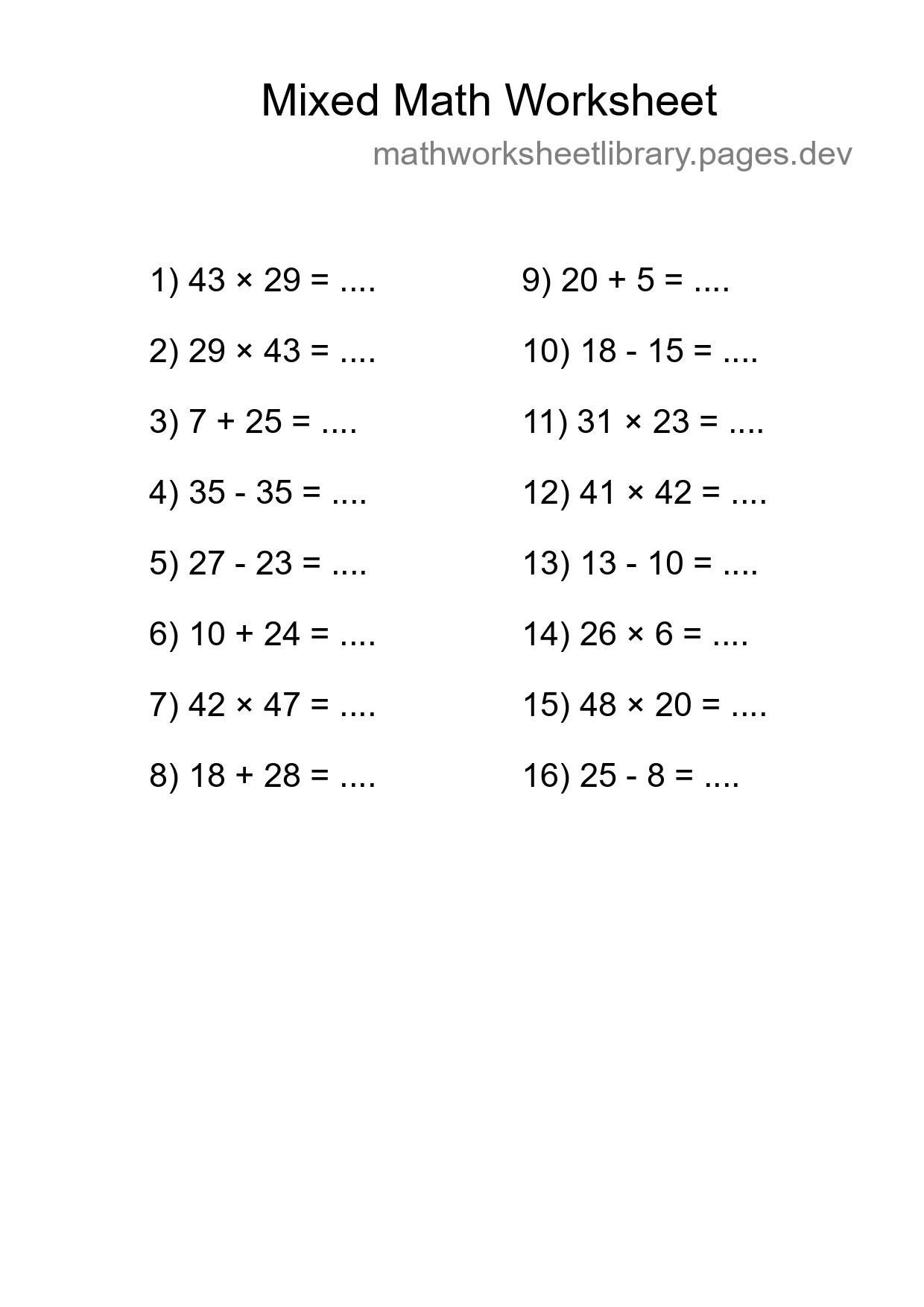 Mixed Operations Math Worksheet