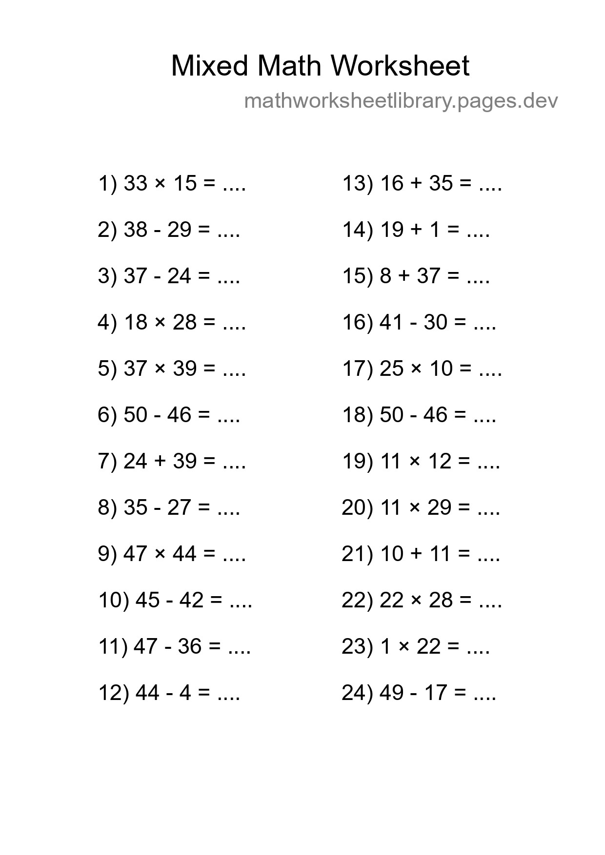 Mixed Operations Math Worksheet