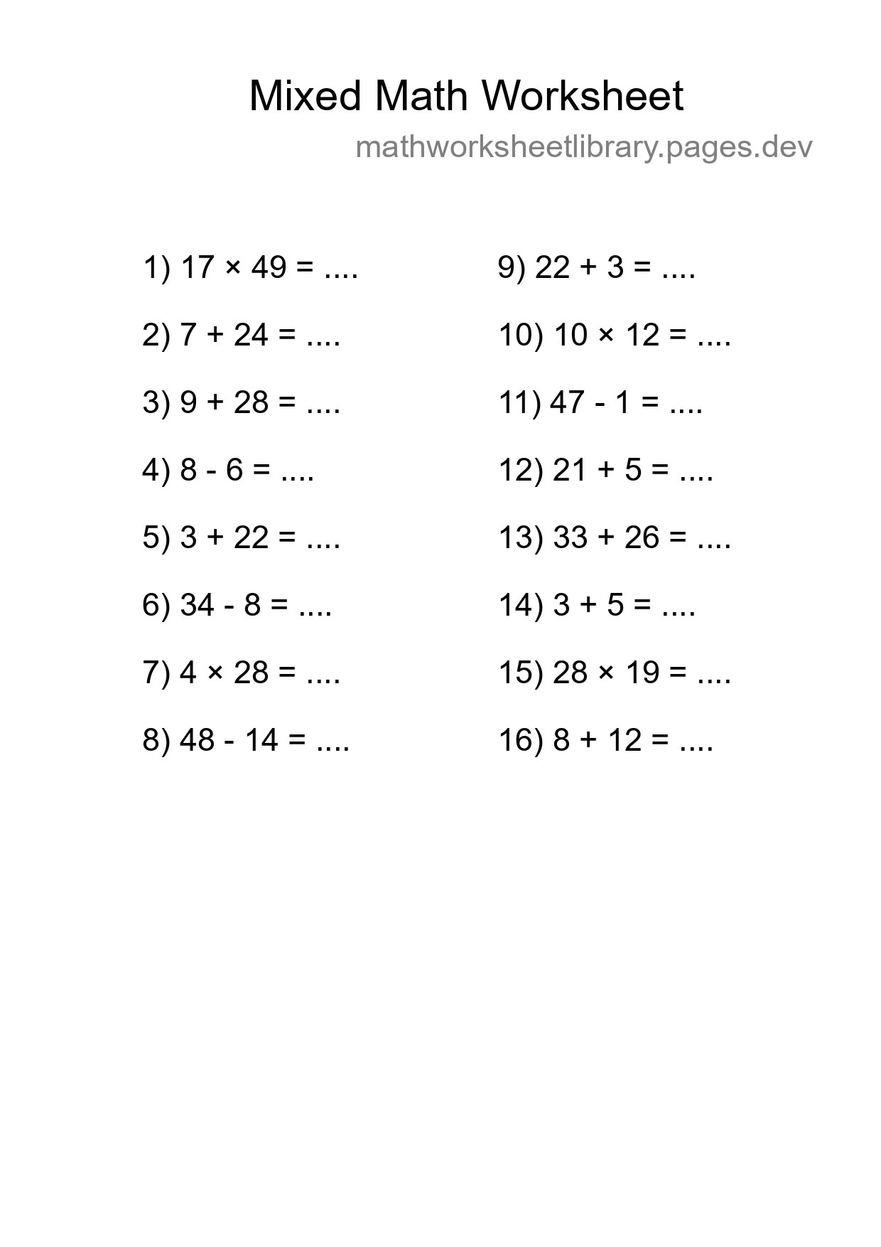 Mixed Operations Math Worksheet
