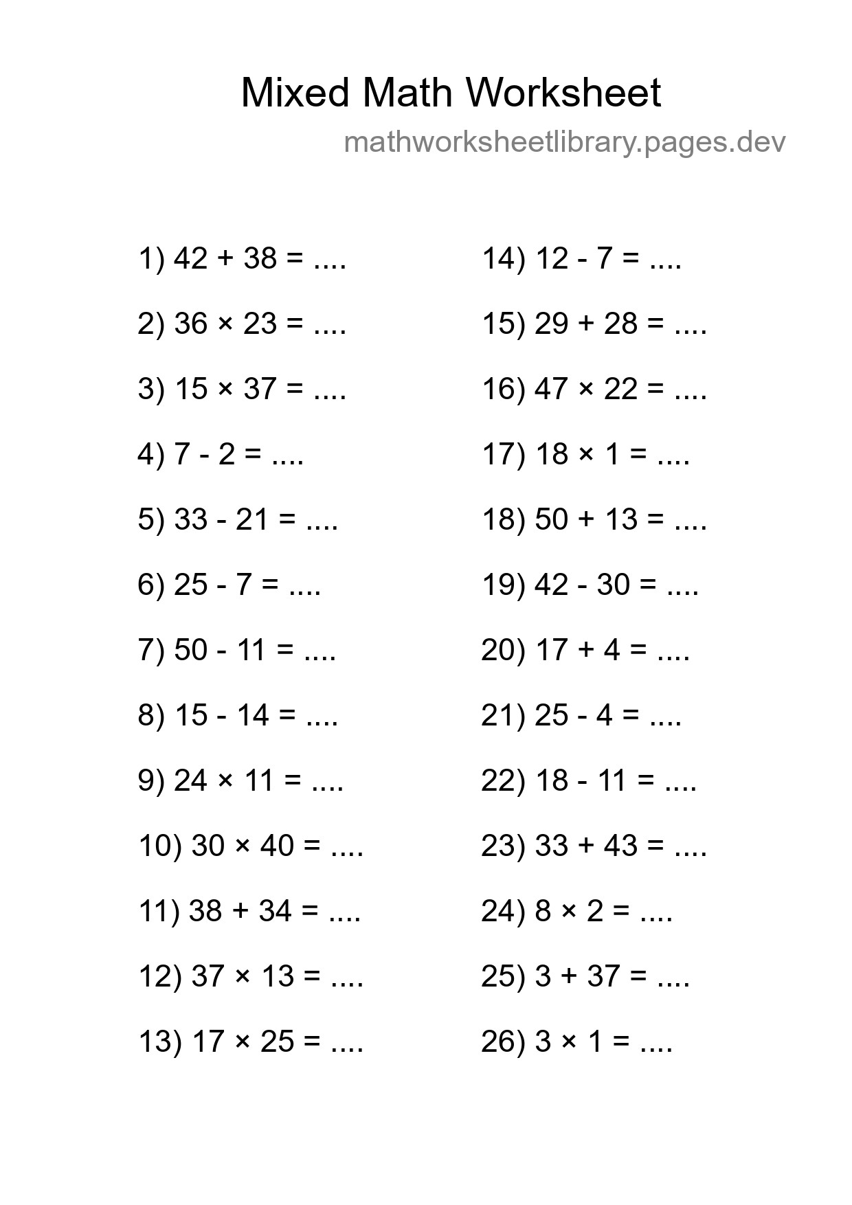 Mixed Operations Math Worksheet