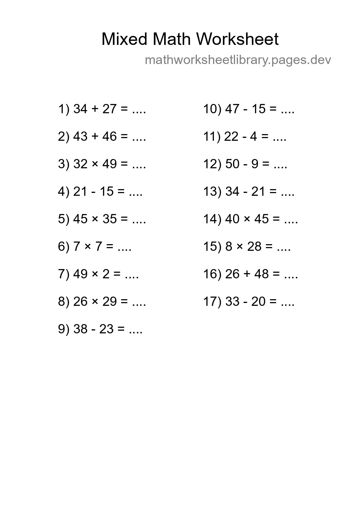Mixed Operations Math Worksheet