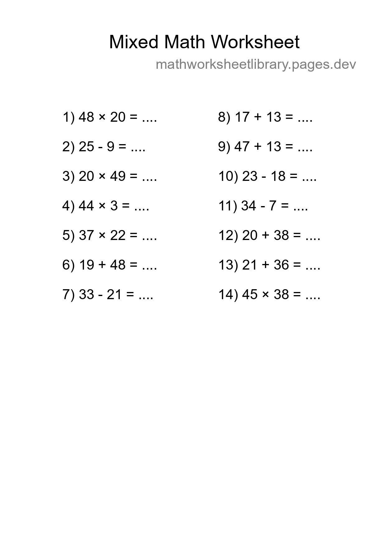 Mixed Operations Math Worksheet