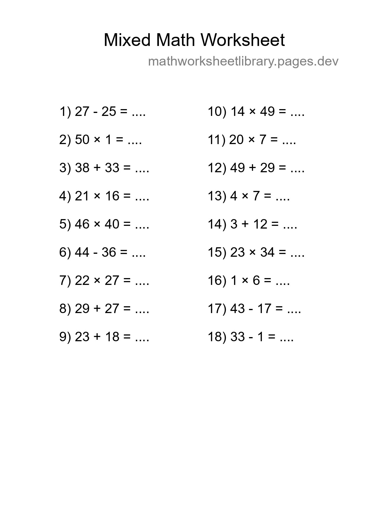 Mixed Operations Math Worksheet