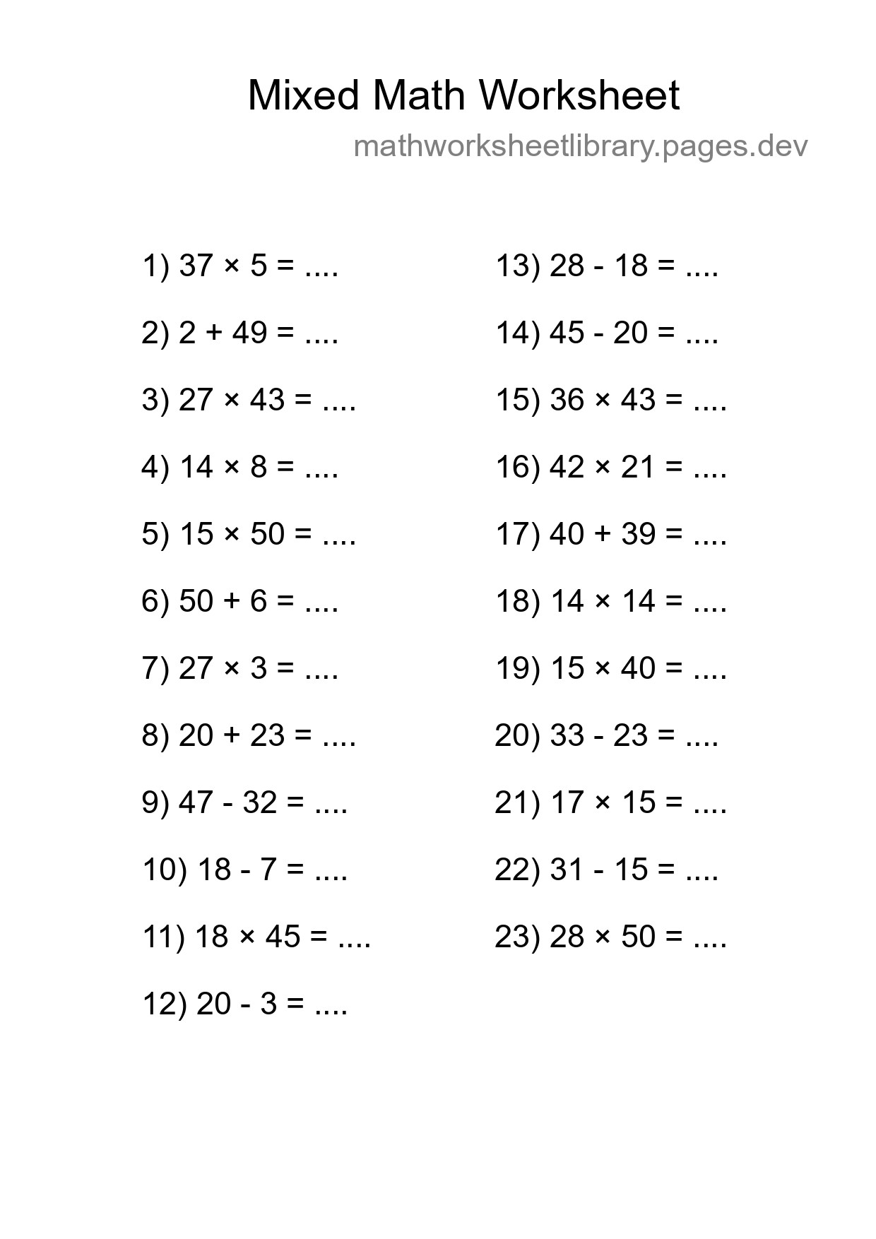 Mixed Operations Math Worksheet