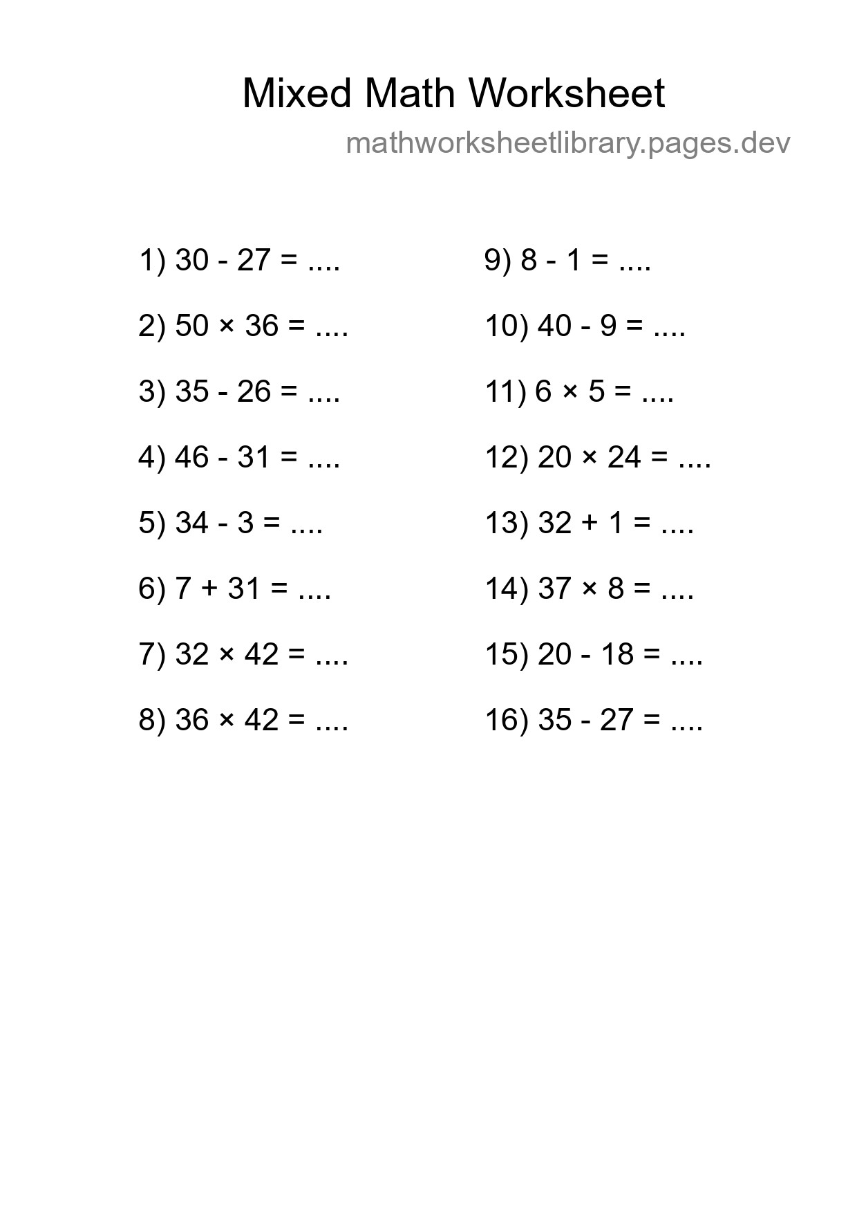Mixed Operations Math Worksheet
