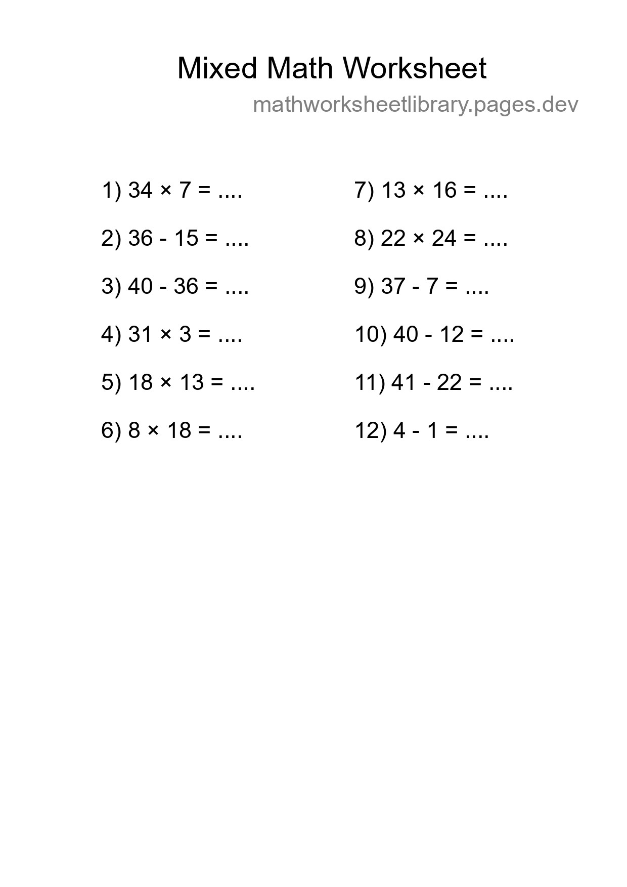 Mixed Operations Math Worksheet
