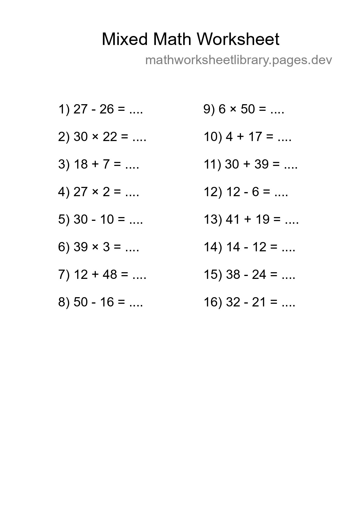 Mixed Operations Math Worksheet