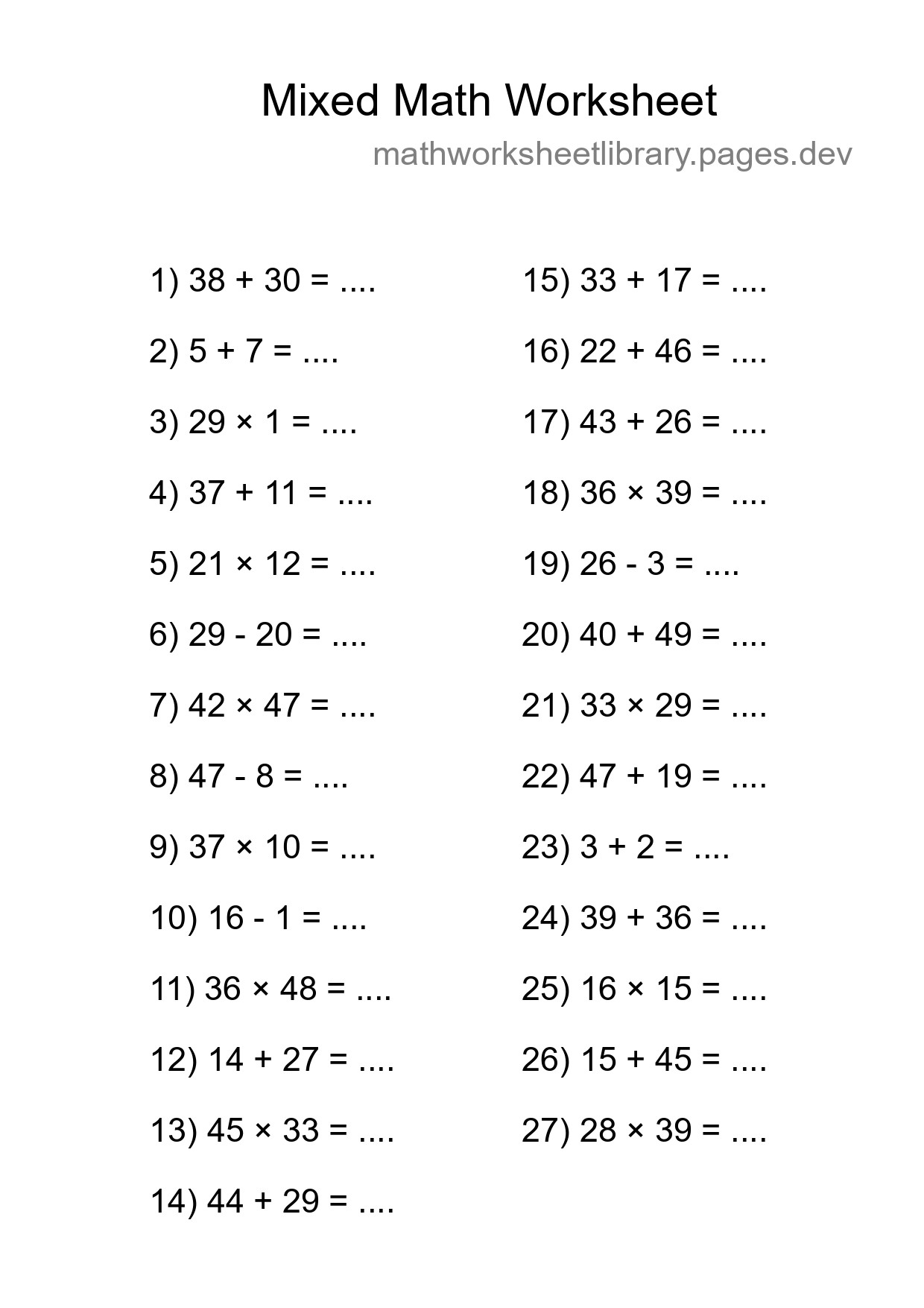 Mixed Operations Math Worksheet