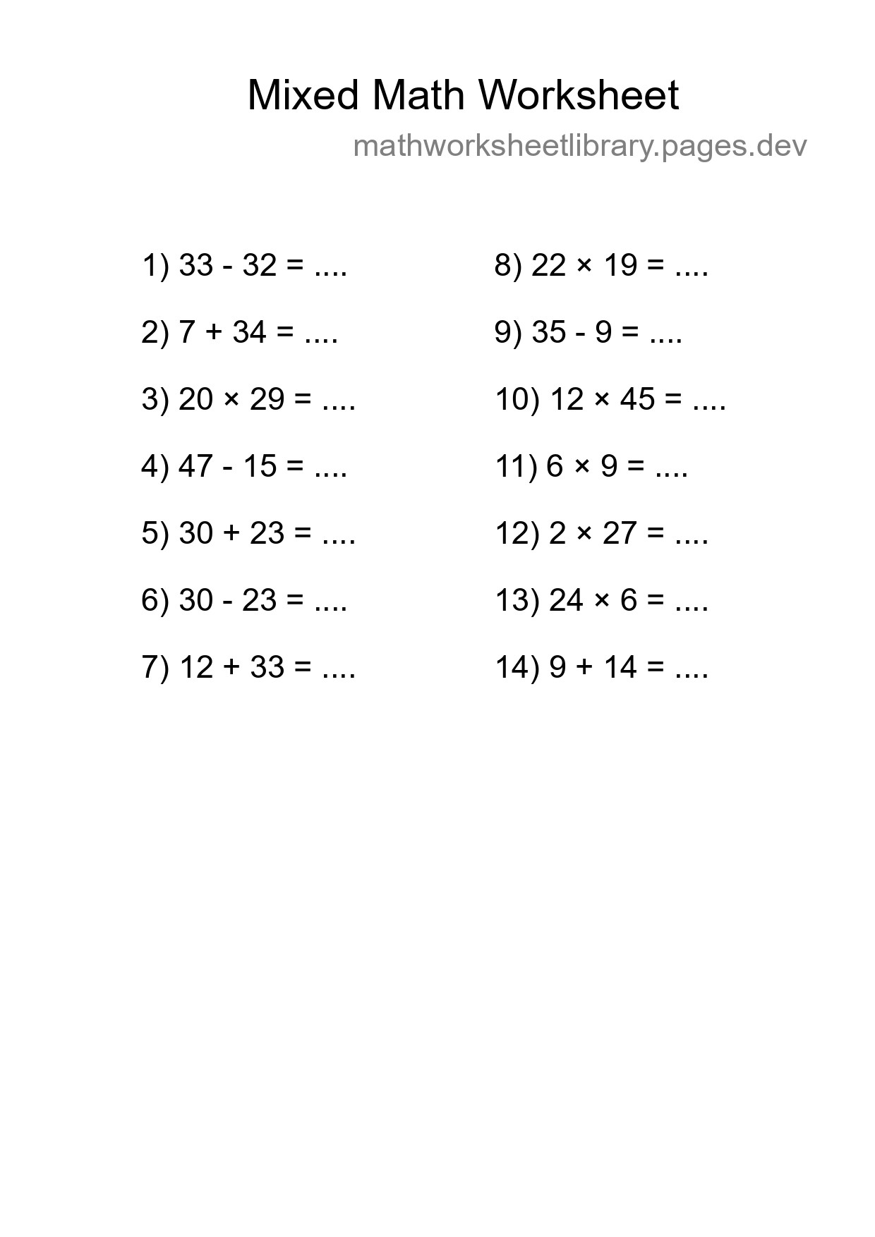 Mixed Operations Math Worksheet