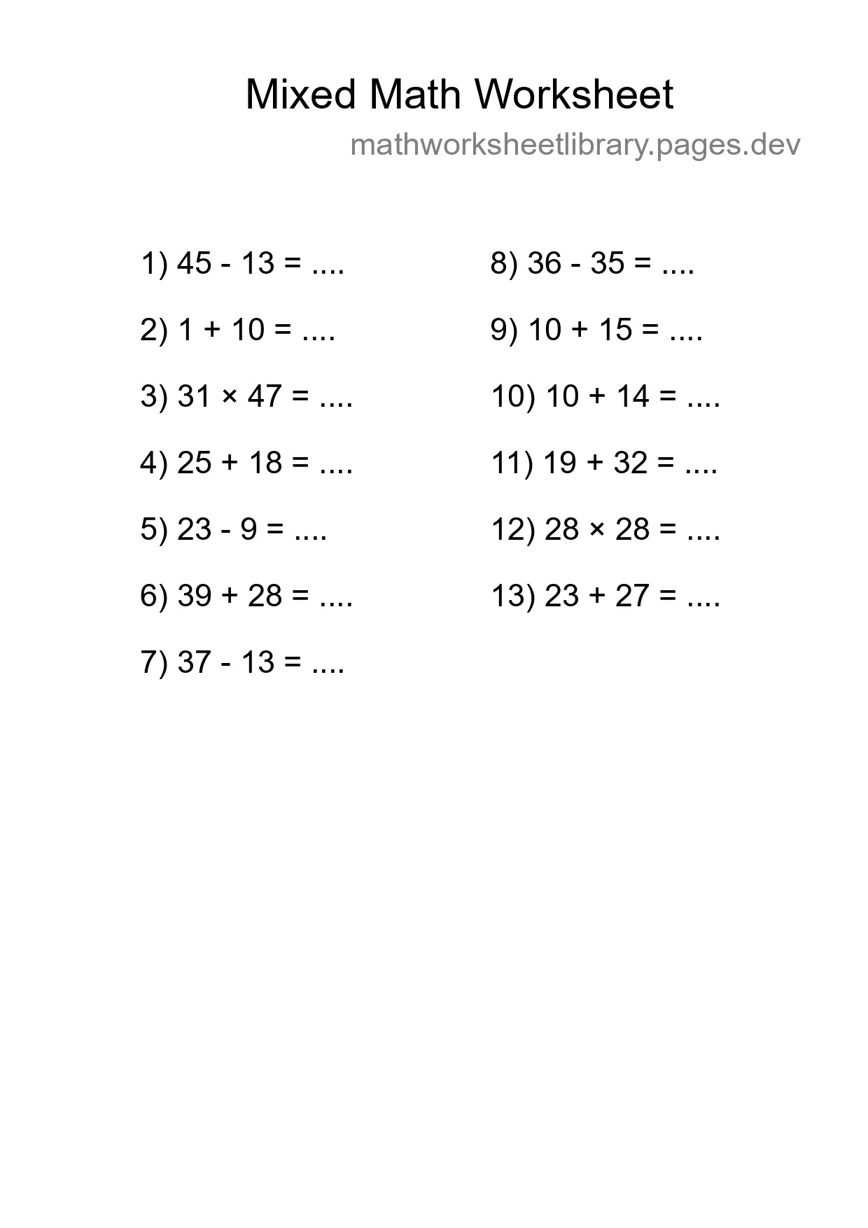 Mixed Operations Math Worksheet