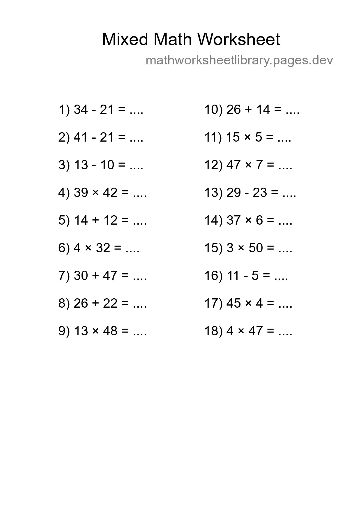 Mixed Operations Math Worksheet