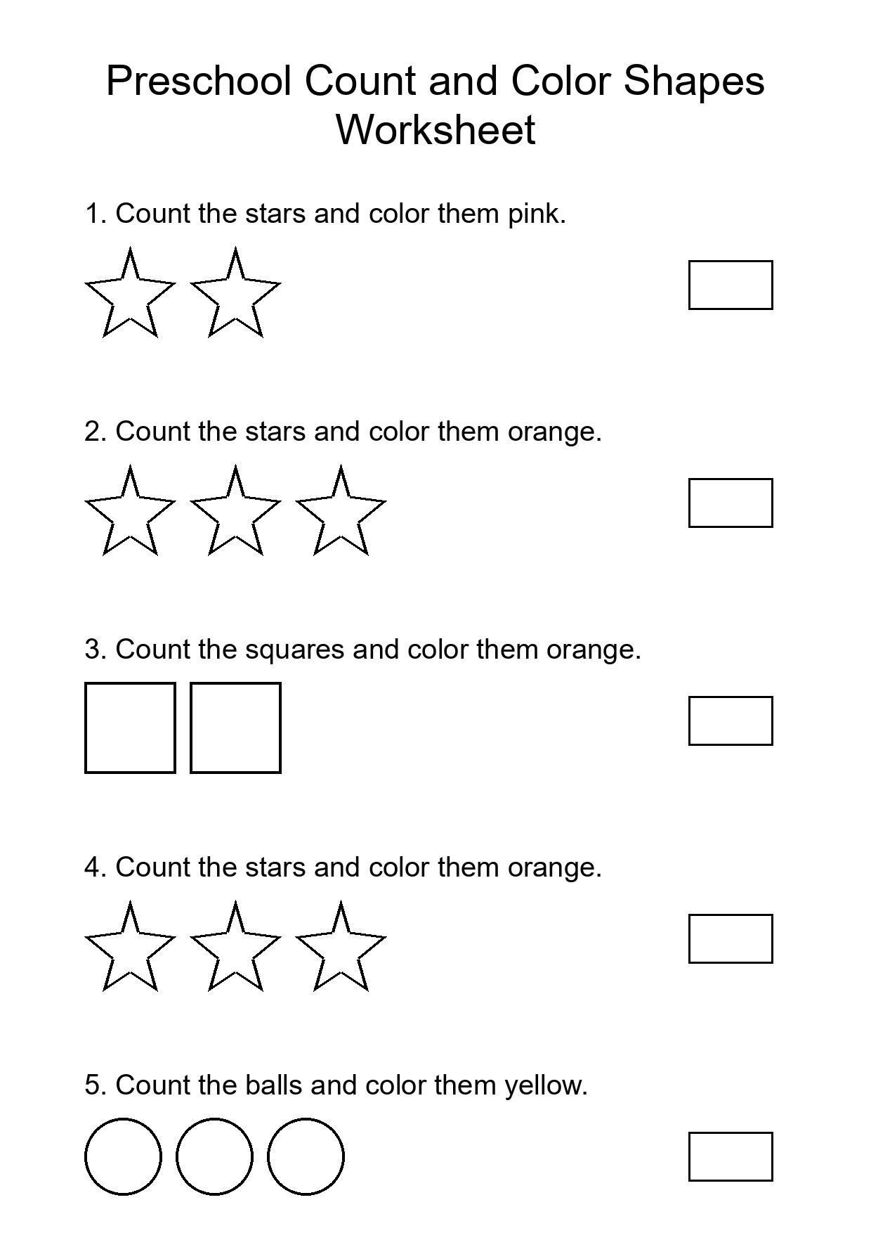Preschool Count and Color Shapes Worksheet