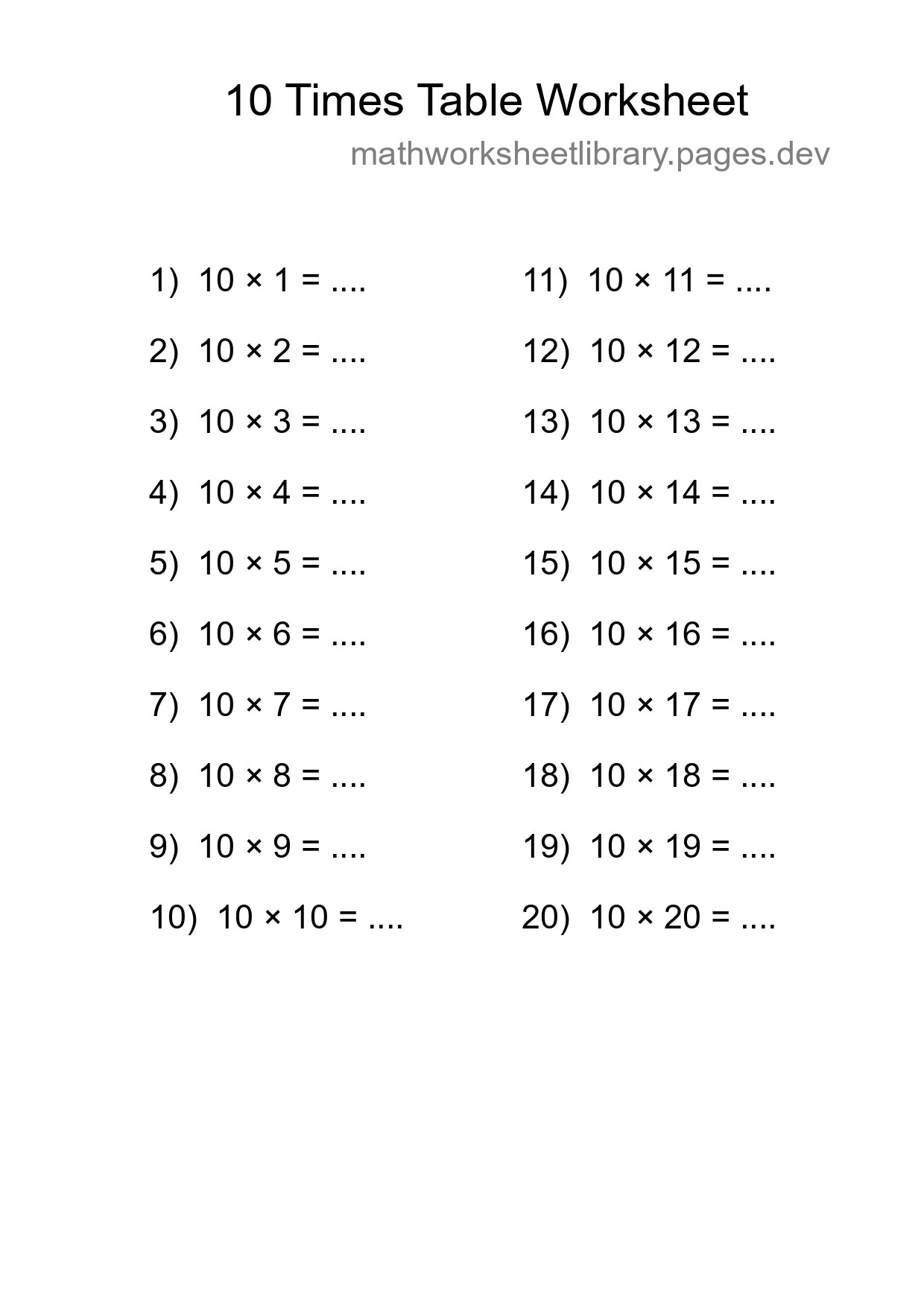 Printable 10 Times Table Worksheet For Grade 3 - Part 99