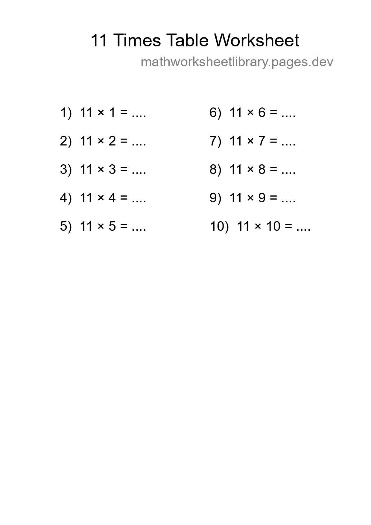 Printable 11 Times Table Worksheet For Grade 4 - Part 139