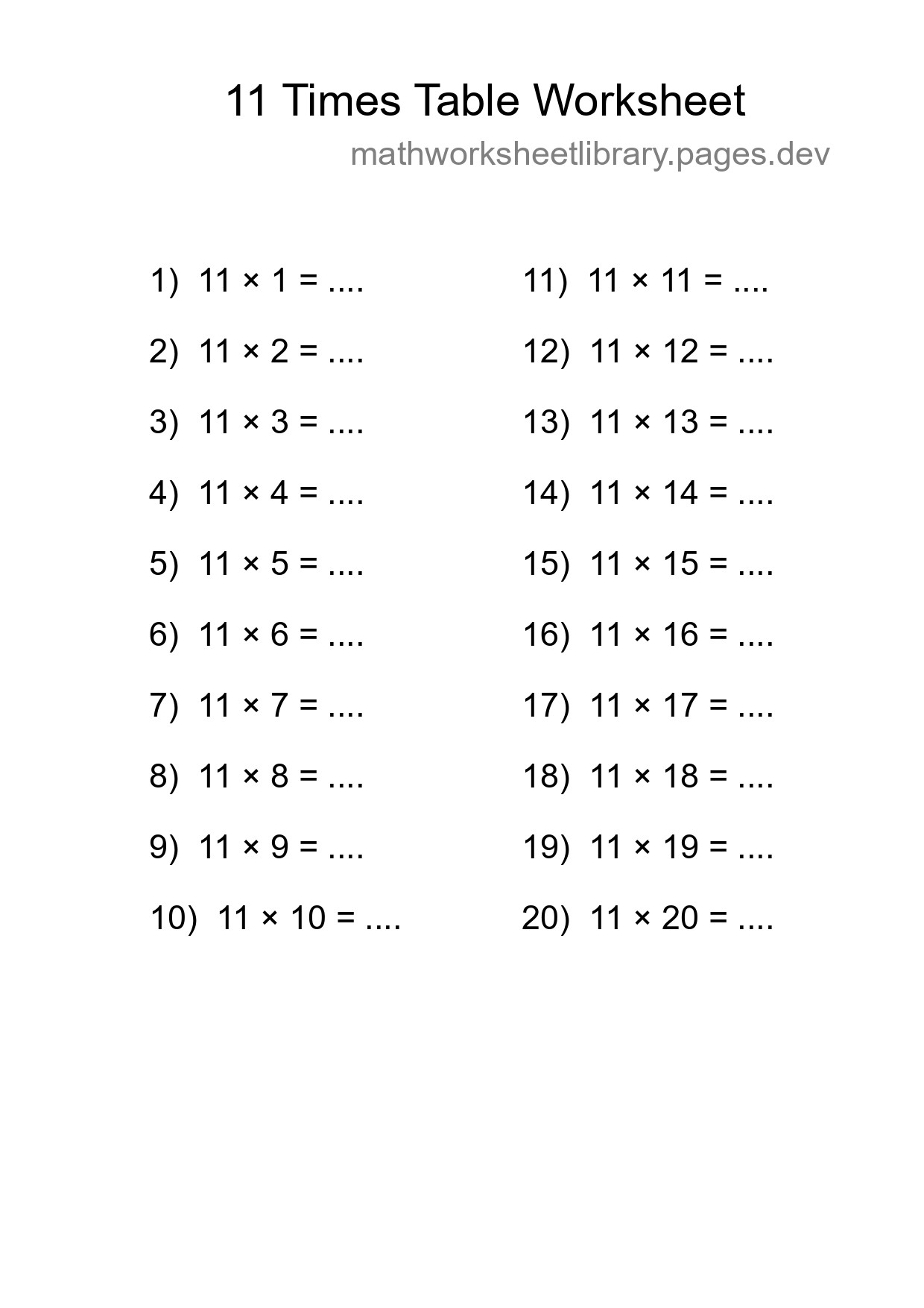 Printable 11 Times Table Worksheet For Grade 4 - Part 249