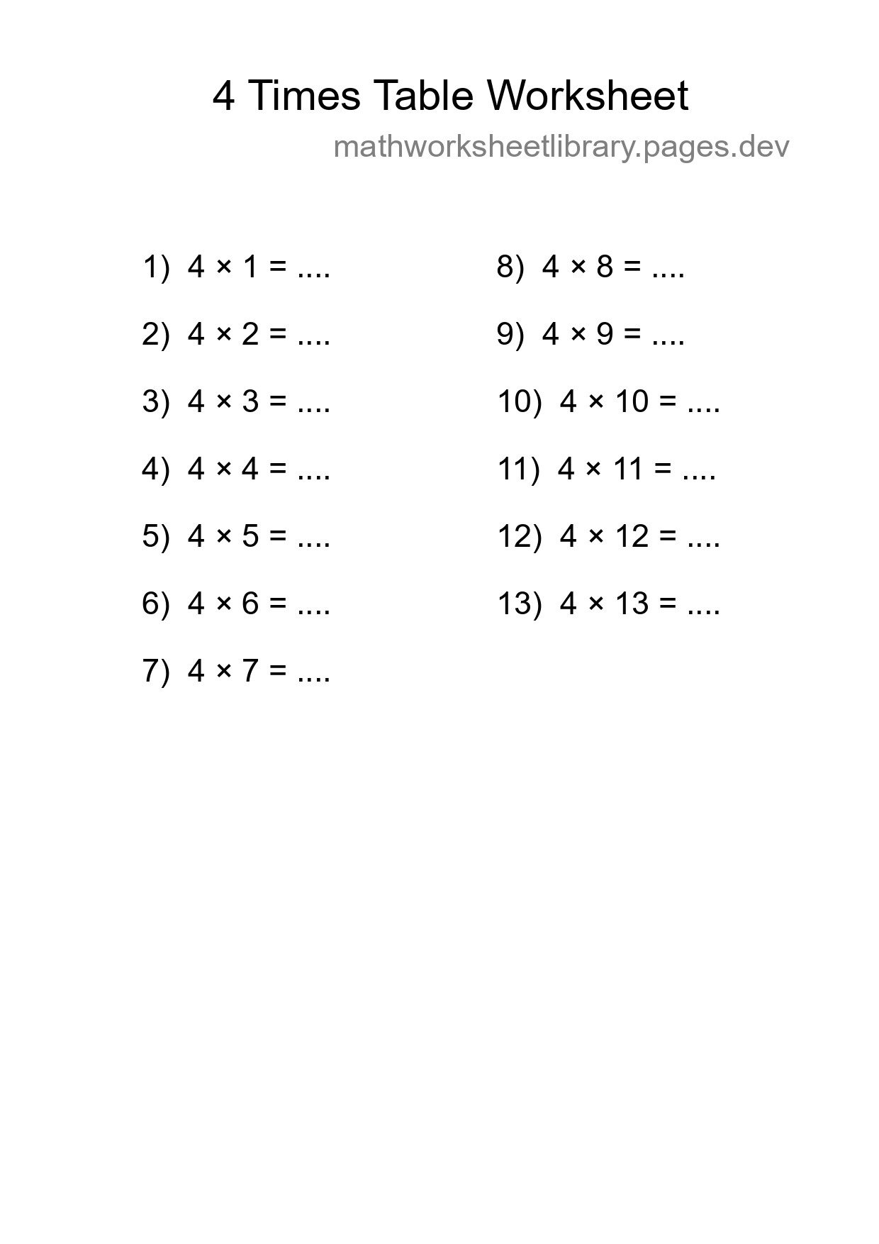 Printable 4 Times Table Worksheet For Grade 2 - Part 299
