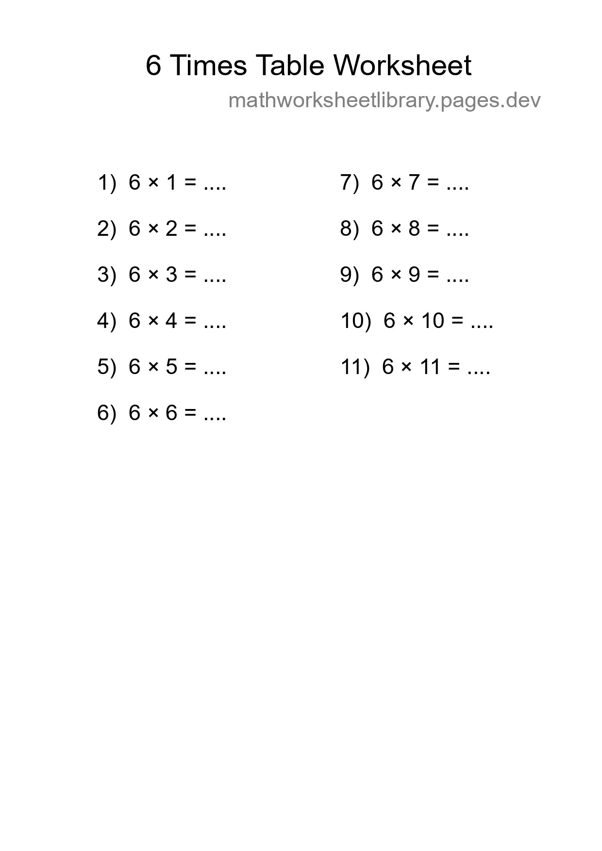 Printable 6 Times Table Worksheet For Grade 3 - Part 209