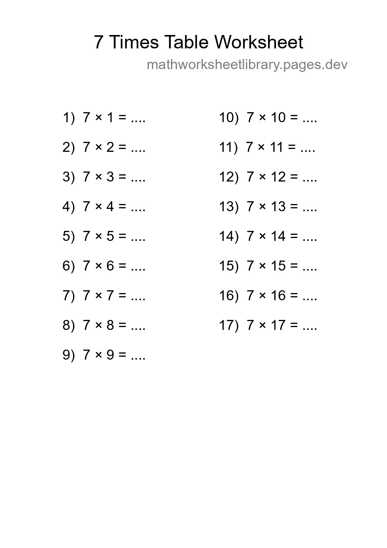 Printable 7 Times Table Worksheet For Grade 3 - Part 69