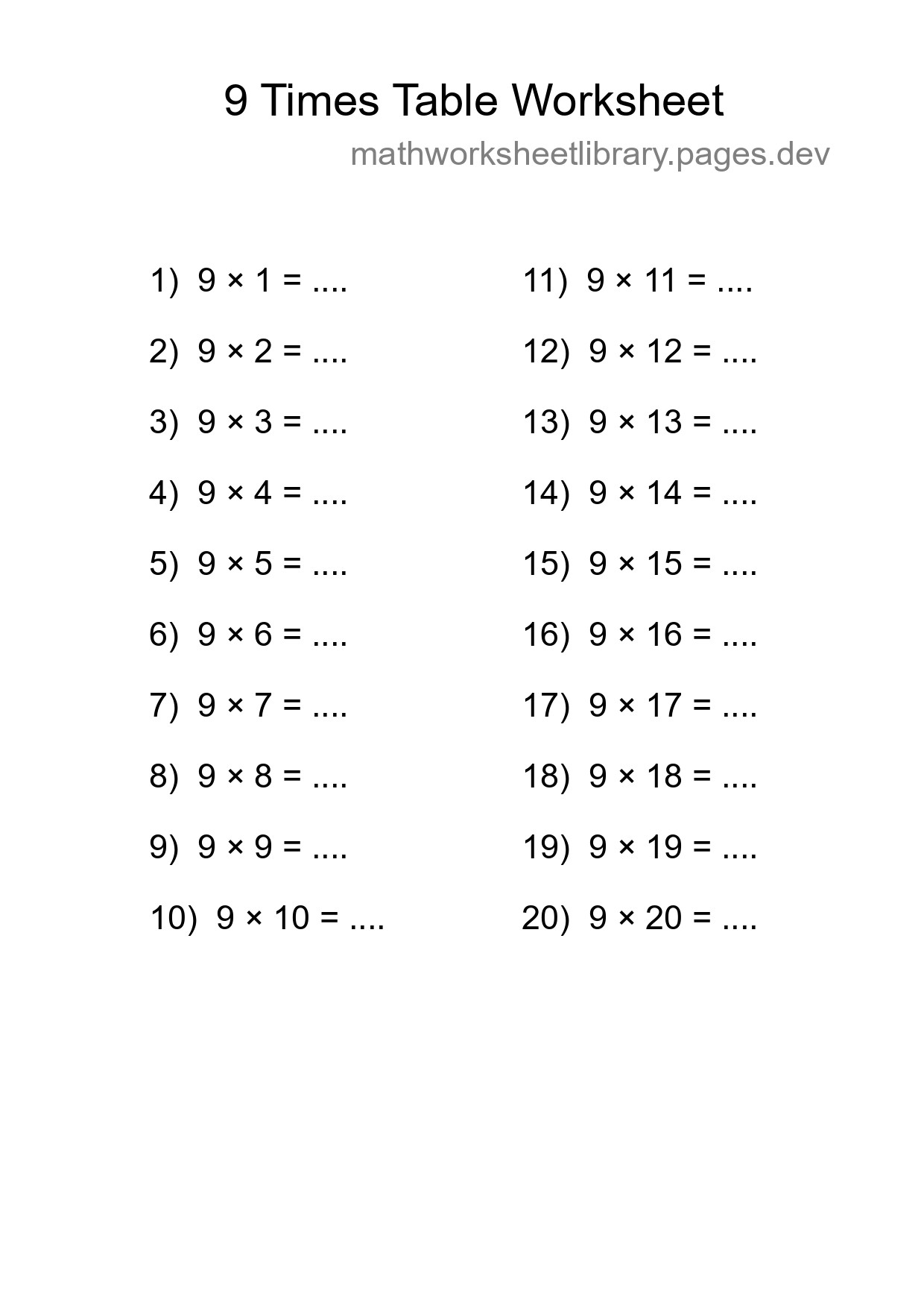 Printable 9 Times Table Worksheet For Grade 3 - Part 199