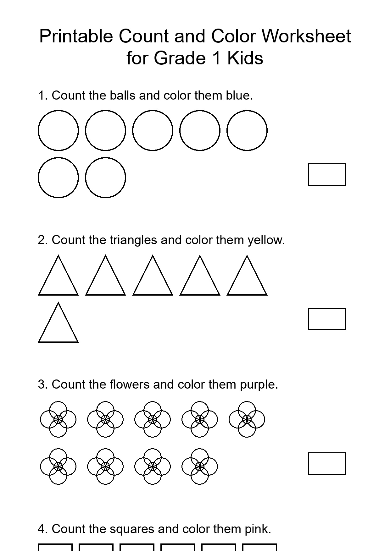 Printable Count and Color Worksheet for Grade 1 Kids