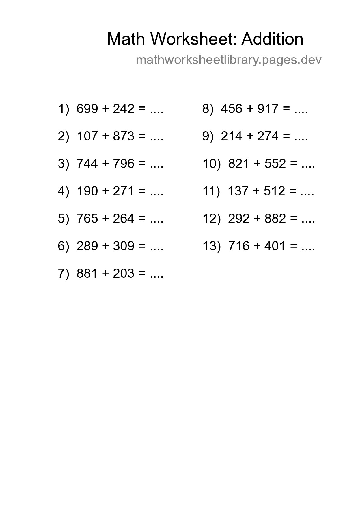 Printable Free 13 Addition Math Worksheet For Grade 5 - Part 241