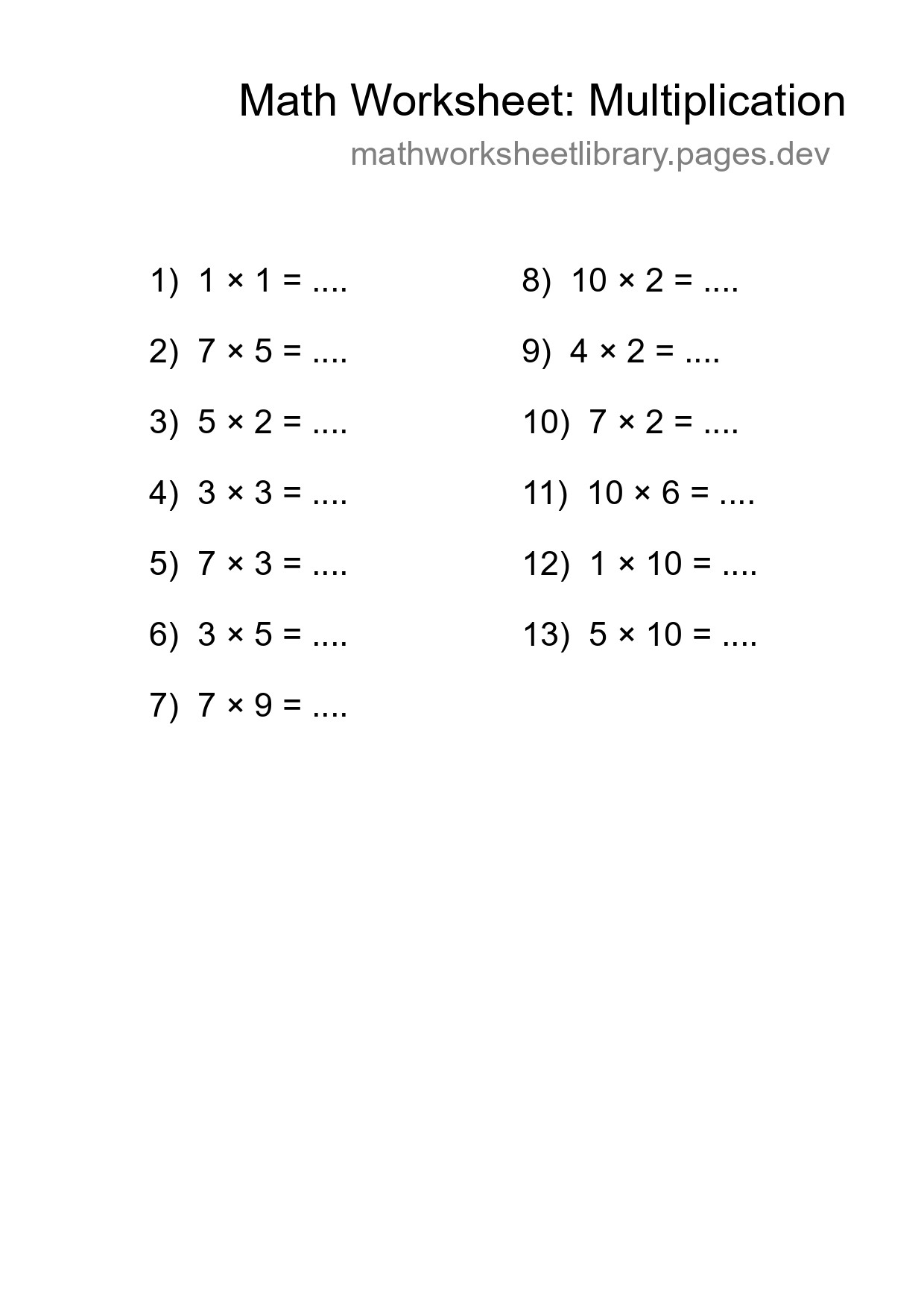 Printable Free 13 Multiplication Math Worksheet For Grade 1 - Part 77