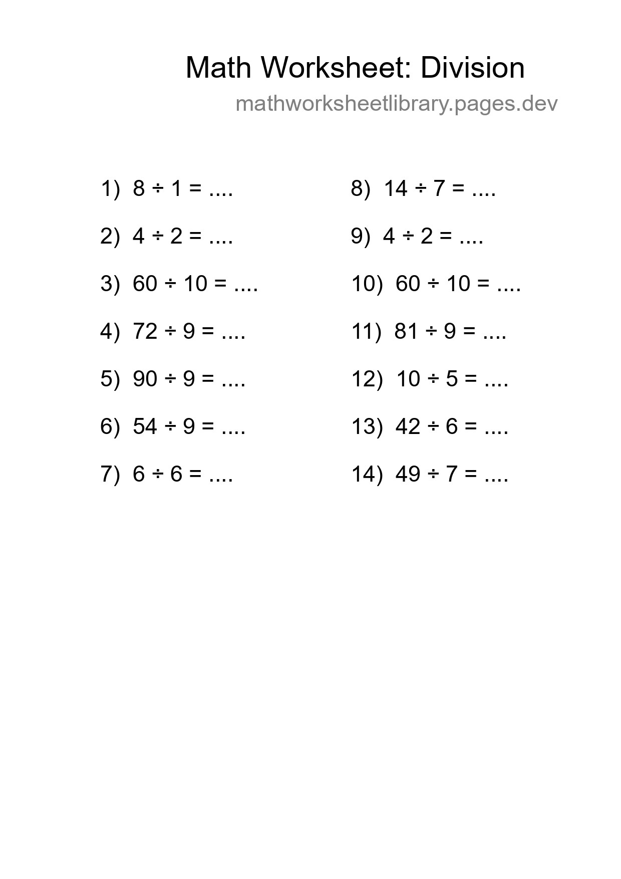 Printable Free 14 Division Math Worksheet For Grade 1 - Part 144