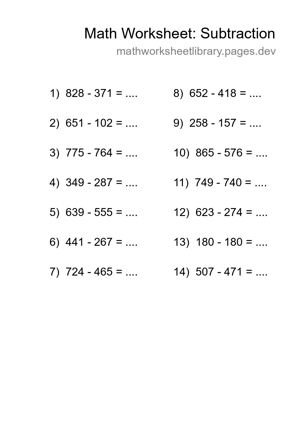 Printable Free 14 Subtraction Math Worksheet For Grade 5 - Part 48