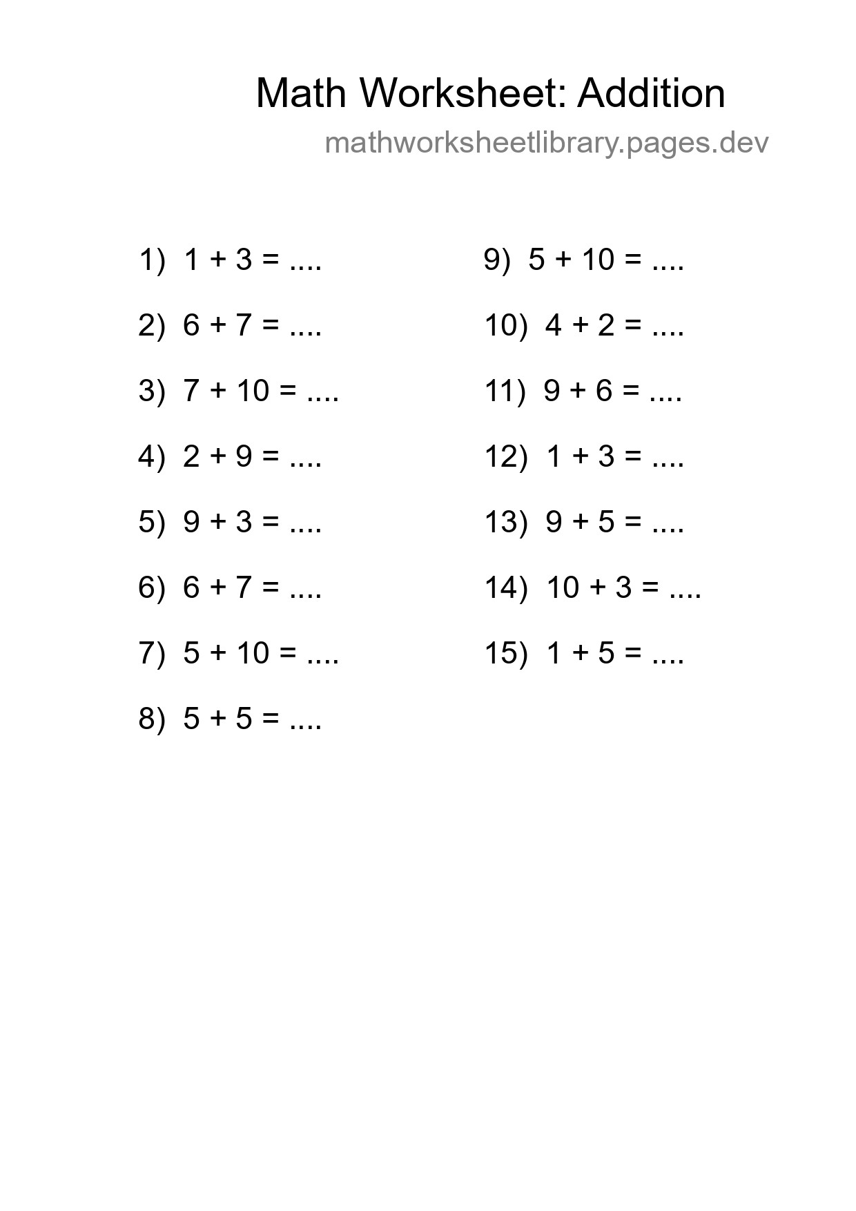 Printable Free 15 Addition Math Worksheet For Grade 1 - Part 291