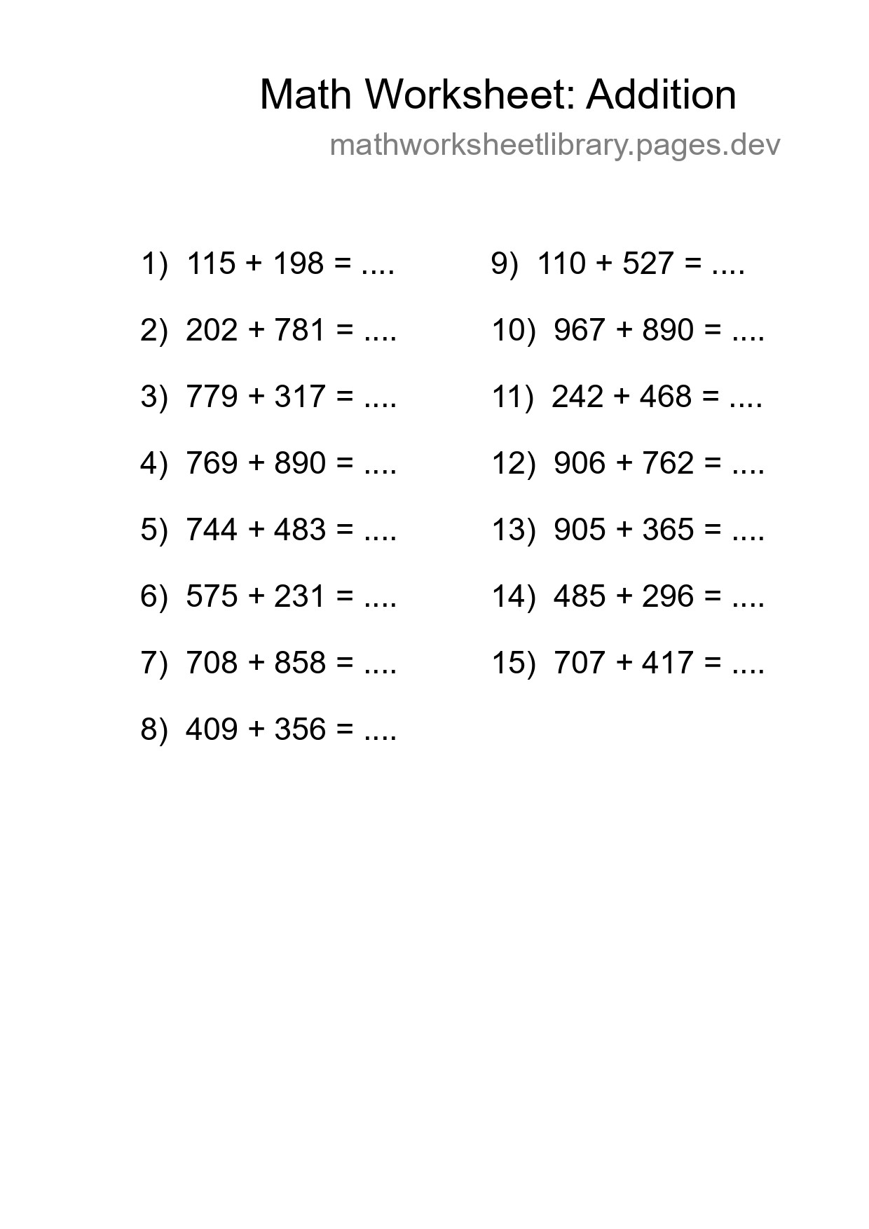 Printable Free 15 Addition Math Worksheet For Grade 5 - Part 61