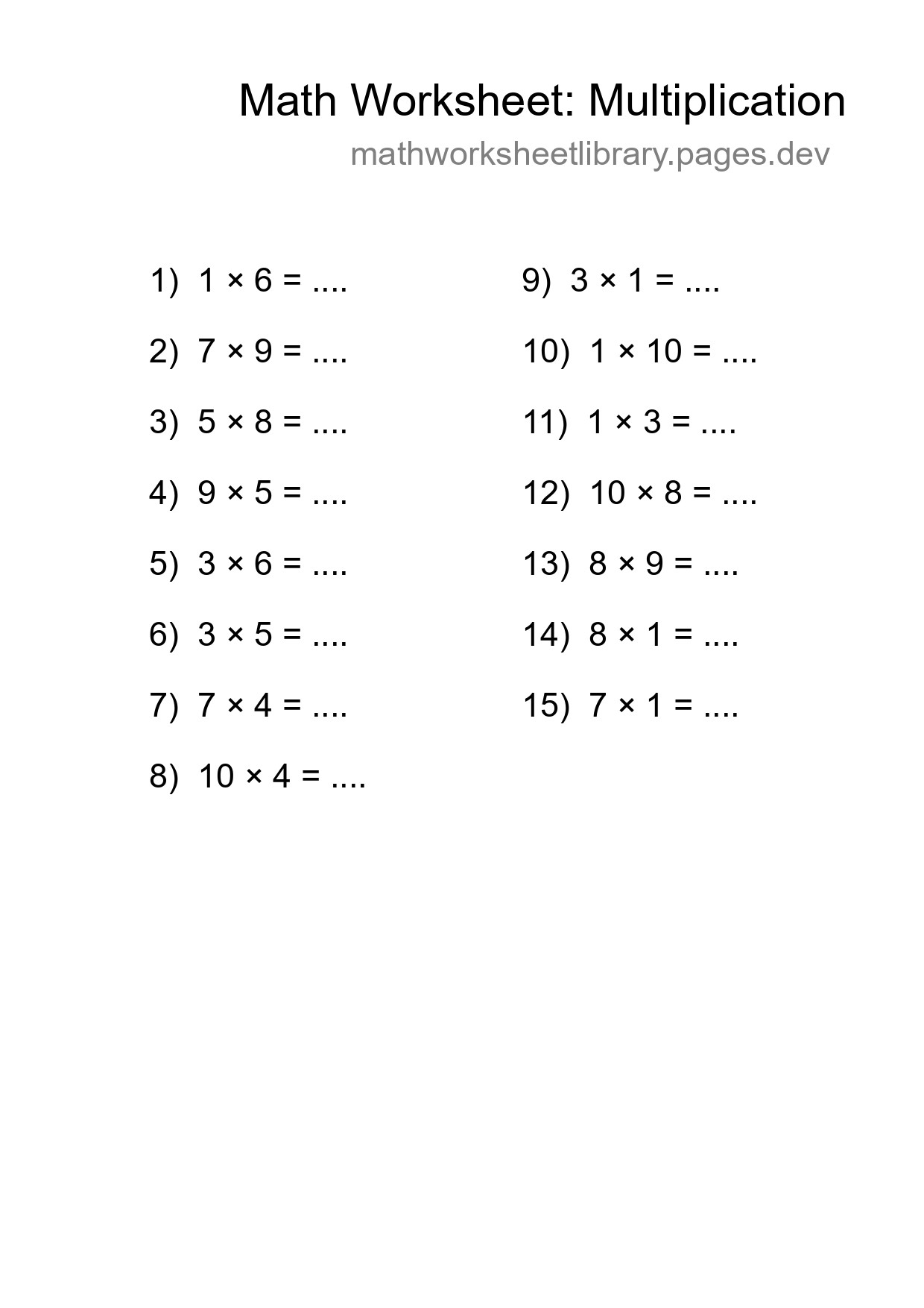 Printable Free 15 Multiplication Math Worksheet For Grade 1 - Part 197