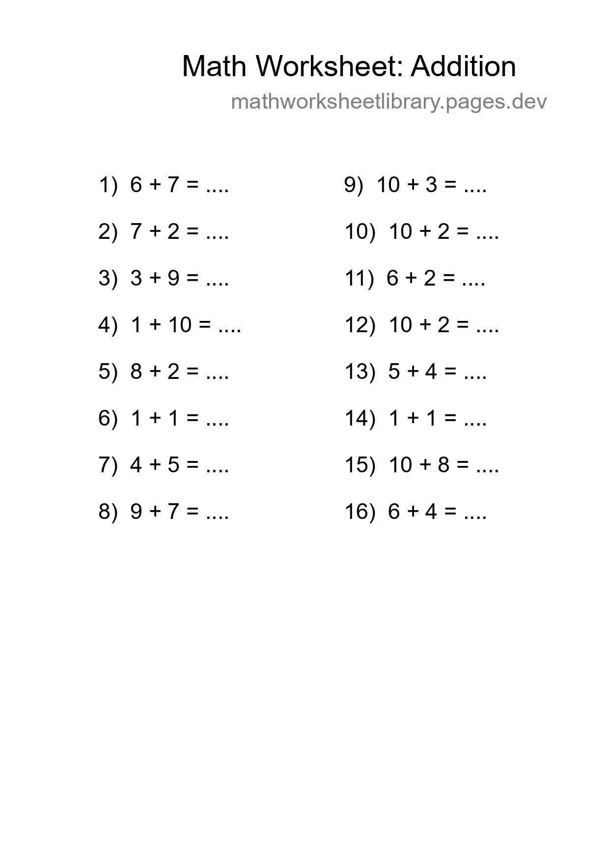 Printable Free 16 Addition Math Worksheet For Grade 1 - Part 171