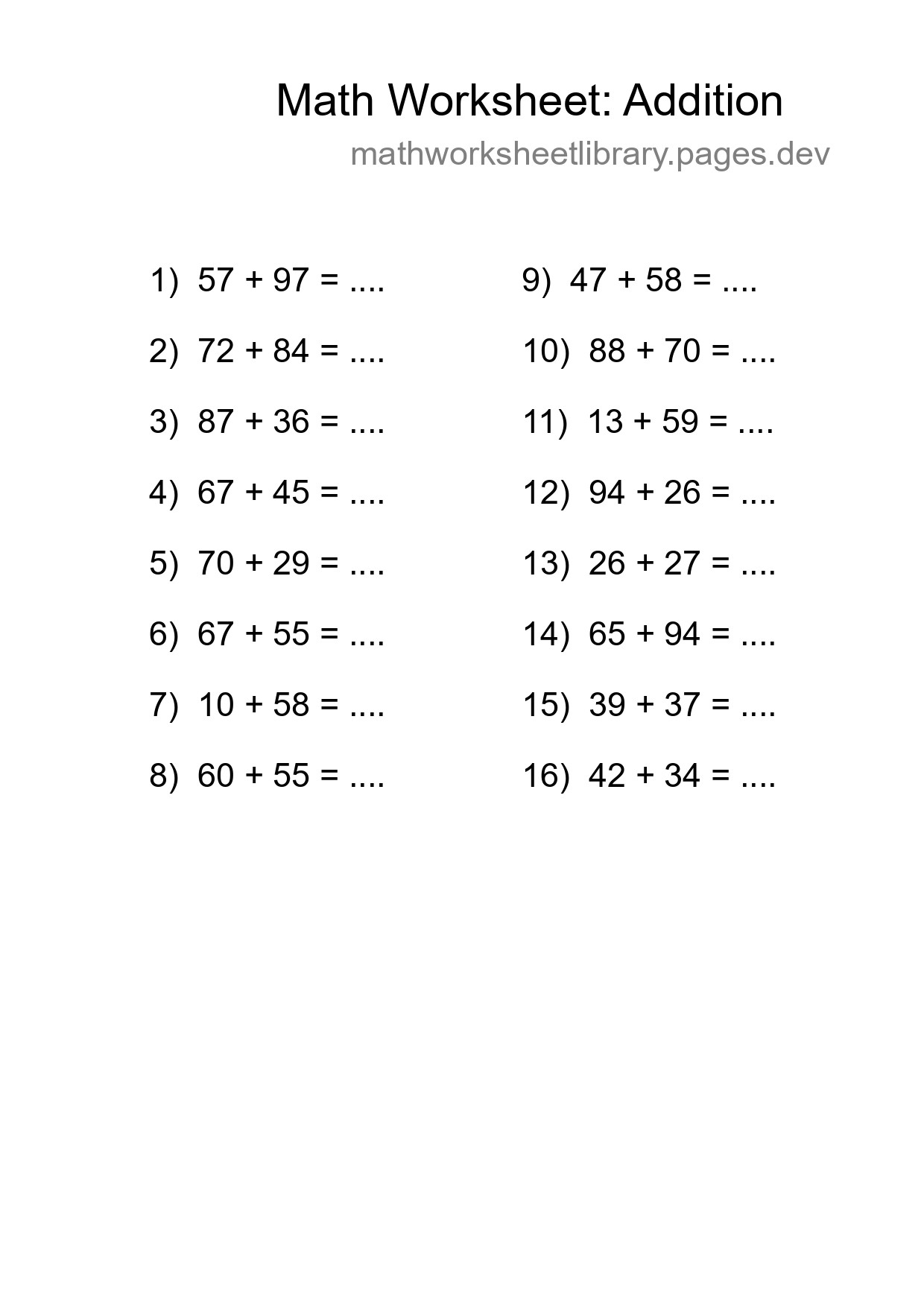Printable Free 16 Addition Math Worksheet For Grade 3 - Part 181