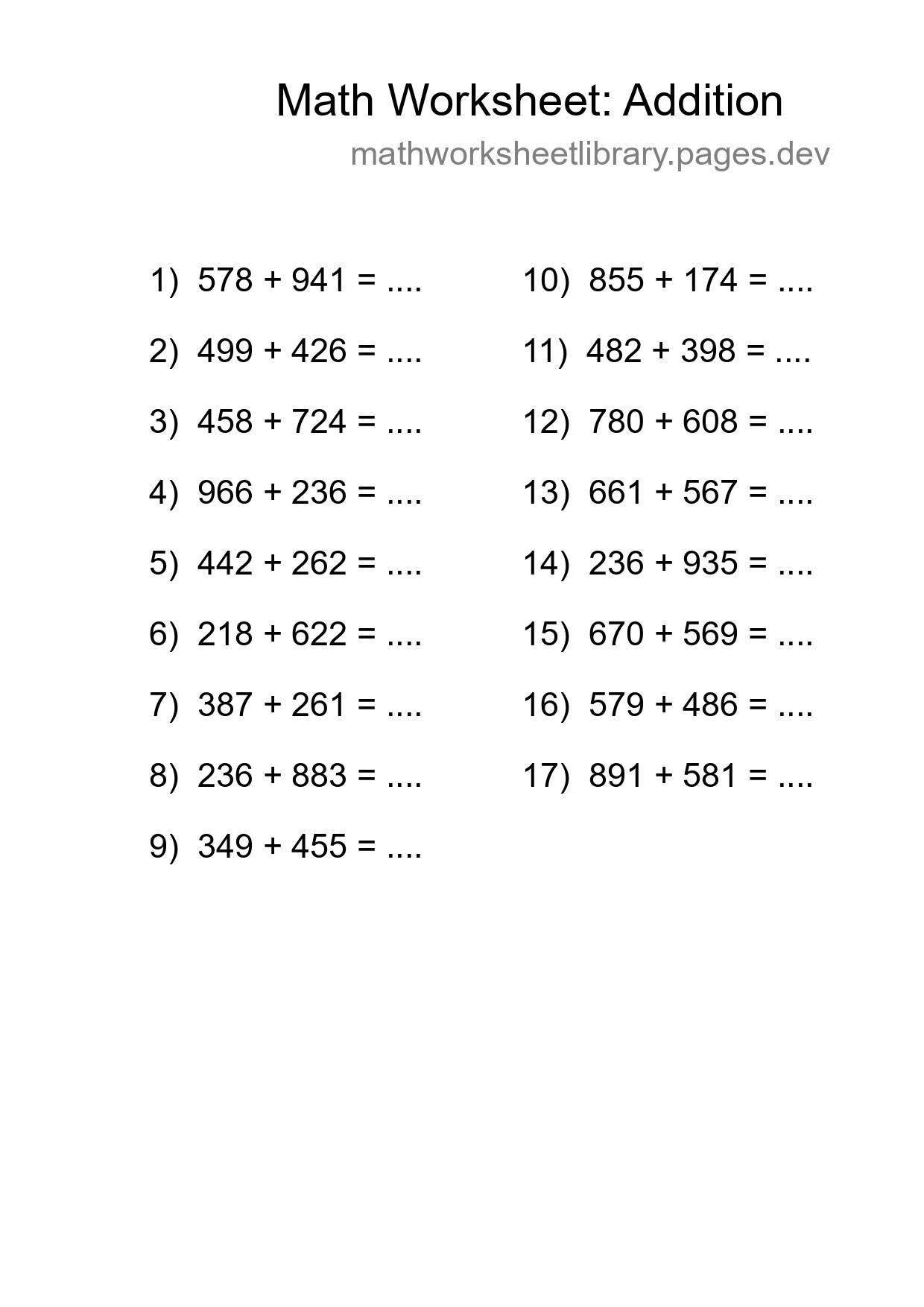 Printable Free 17 Addition Math Worksheet For Grade 5 - Part 11