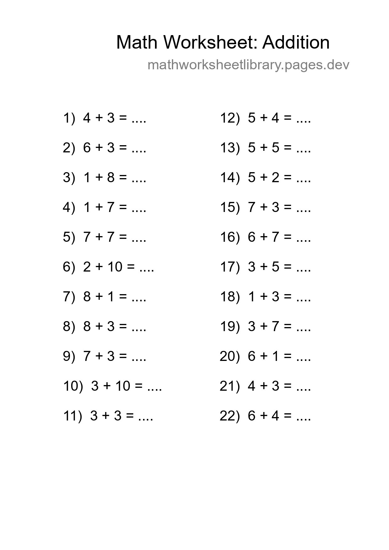 Printable Free 22 Addition Math Worksheet For Grade 1 - Part 121