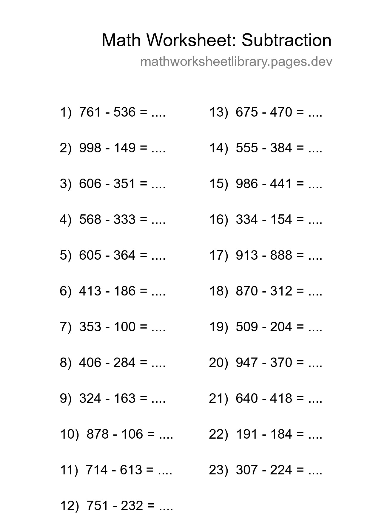 Printable Free 23 Subtraction Math Worksheet For Grade 5 - Part 58