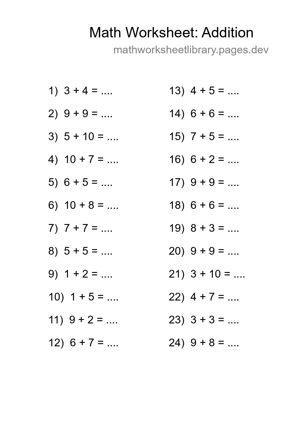 Printable Free 24 Addition Math Worksheet For Grade 1 - Part 91
