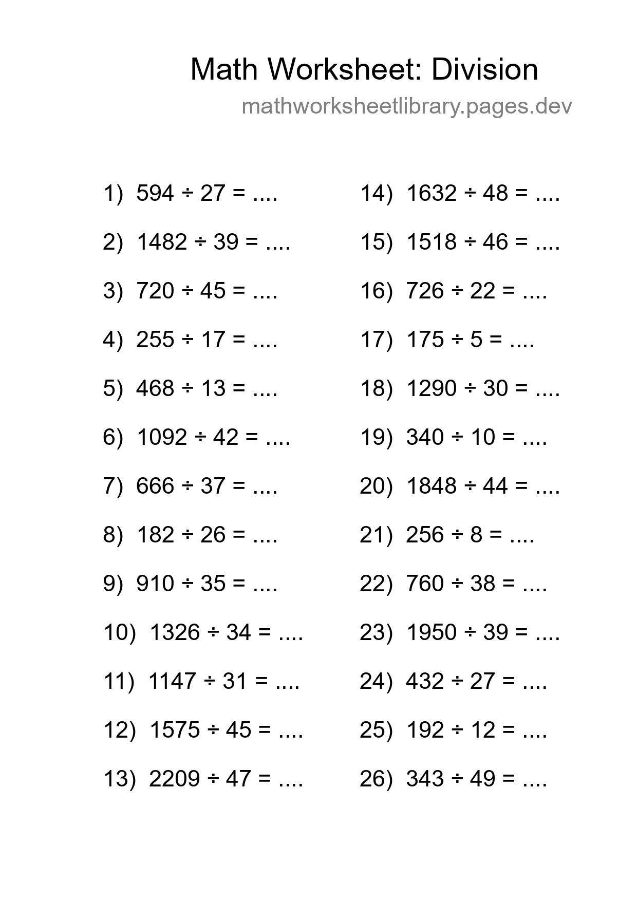 Printable Free 26 Division Math Worksheet For Grade 2 - Part 94