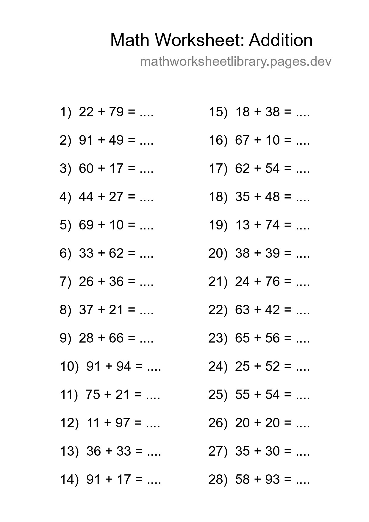 Printable Free 28 Addition Math Worksheet For Grade 3 - Part 151