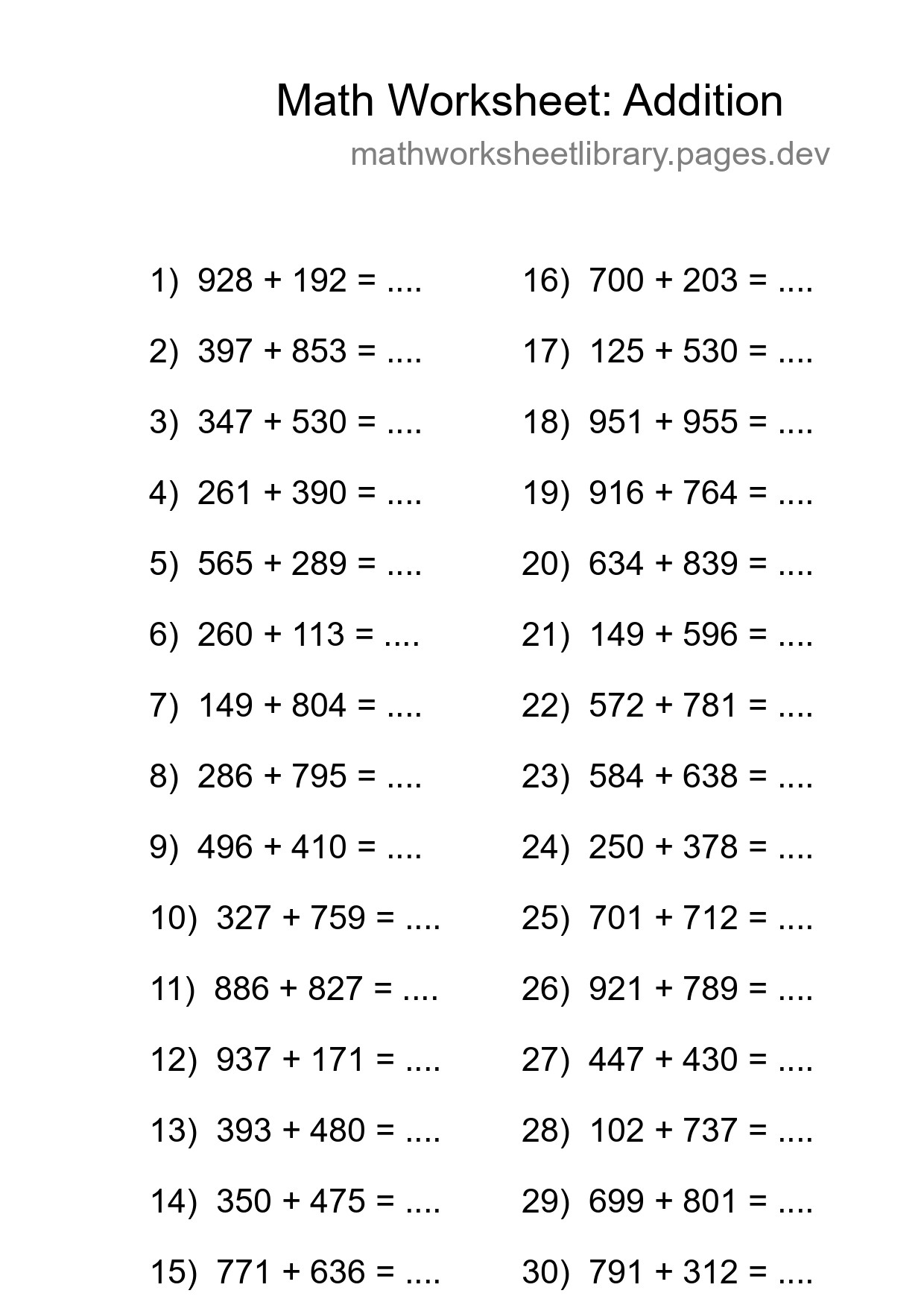 Printable Free 30 Addition Math Worksheet For Grade 5 - Part 71