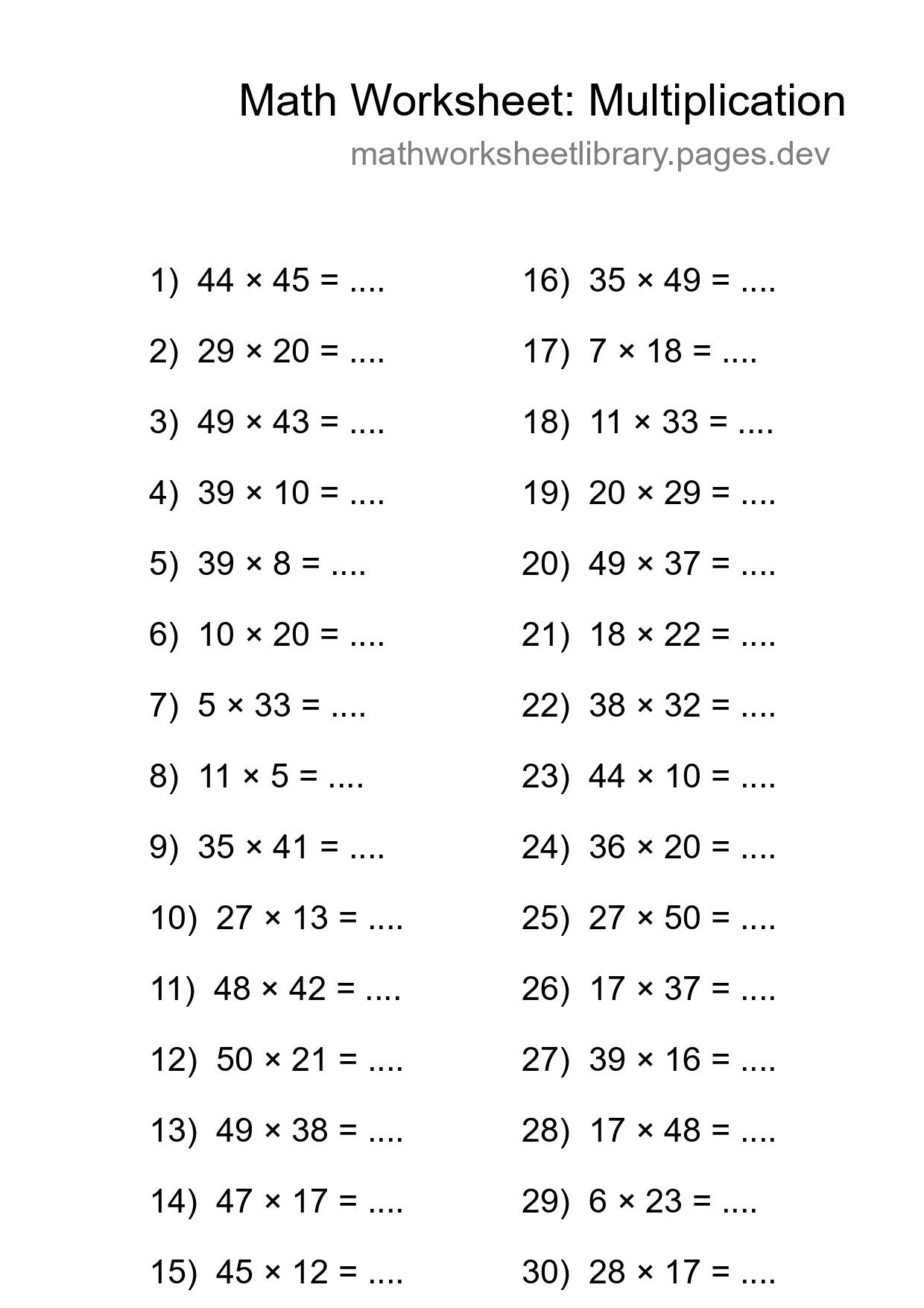 Printable Free 30 Multiplication Math Worksheet For Grade 2 - Part 187