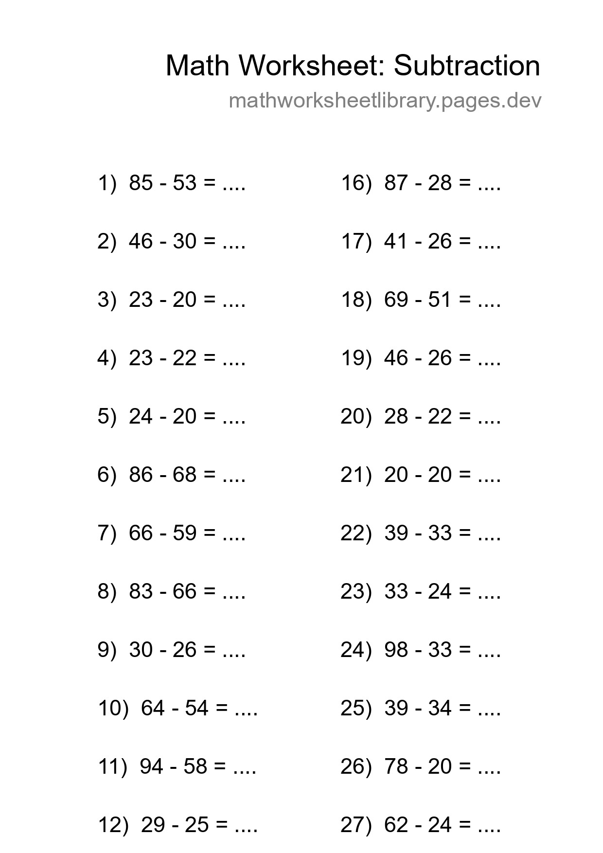 Printable Free 30 Subtraction Math Worksheet For Grade 3 - Part 98
